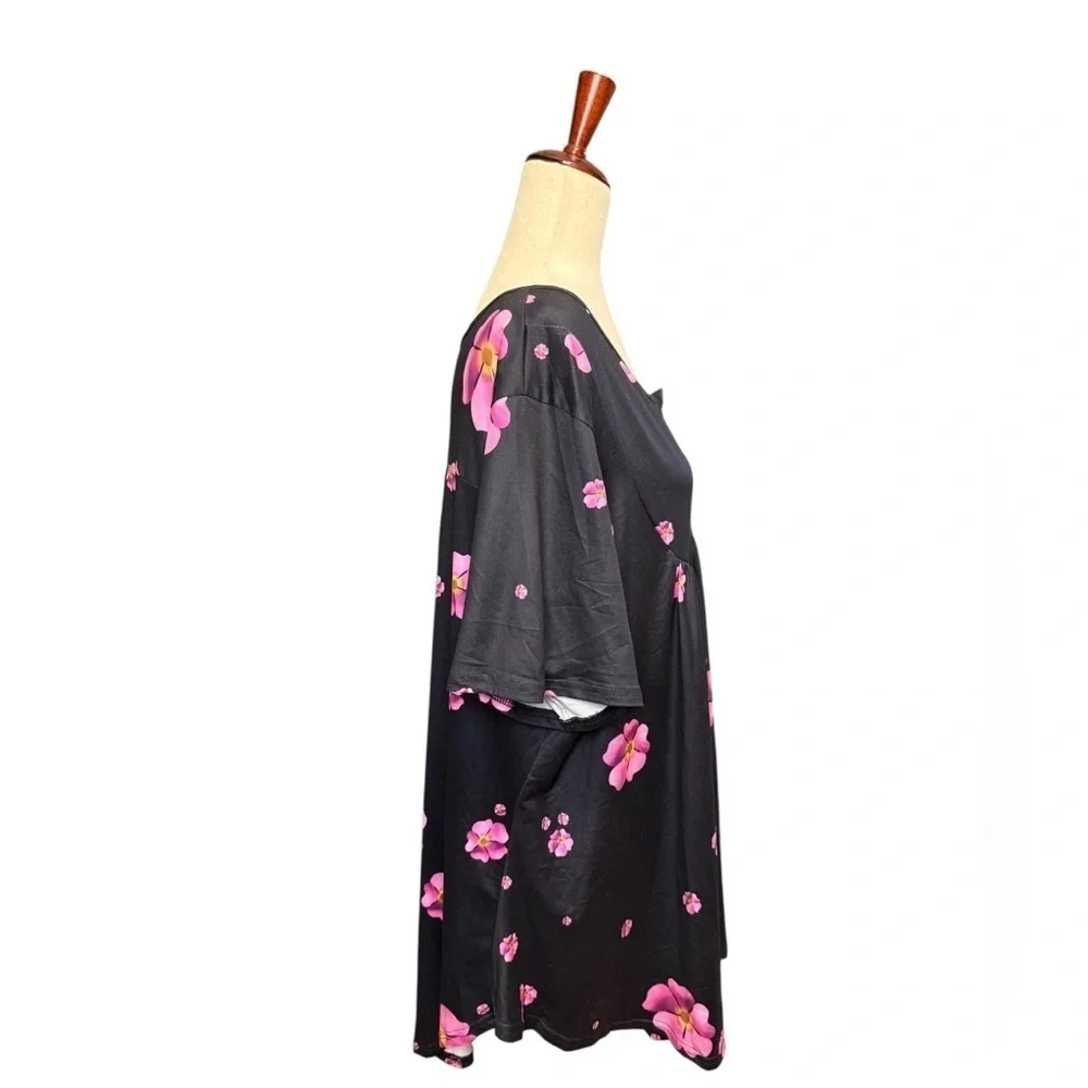 Women’s Plus Floral Short Sleeve Button Top V Smock Blouse. Black Pink 3X #1506 - Picture 3 of 6